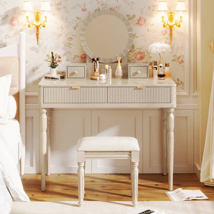 39F Inc. - Wholesale Vanity Mirror - Champagne Vanity Desk with Mirror & Stool, 4 Drawers5