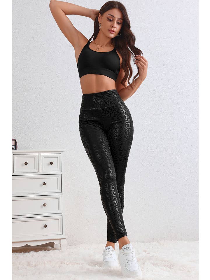High Quality Black Shiny Leopard Textured Leggings for wholesale on Faire