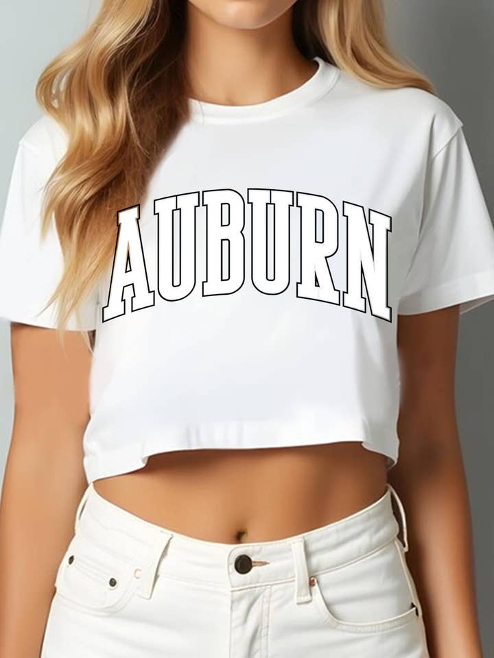 AUBURN PUFF GRAPHIC SHORT CROP TOP for wholesale by Rustee Clothing