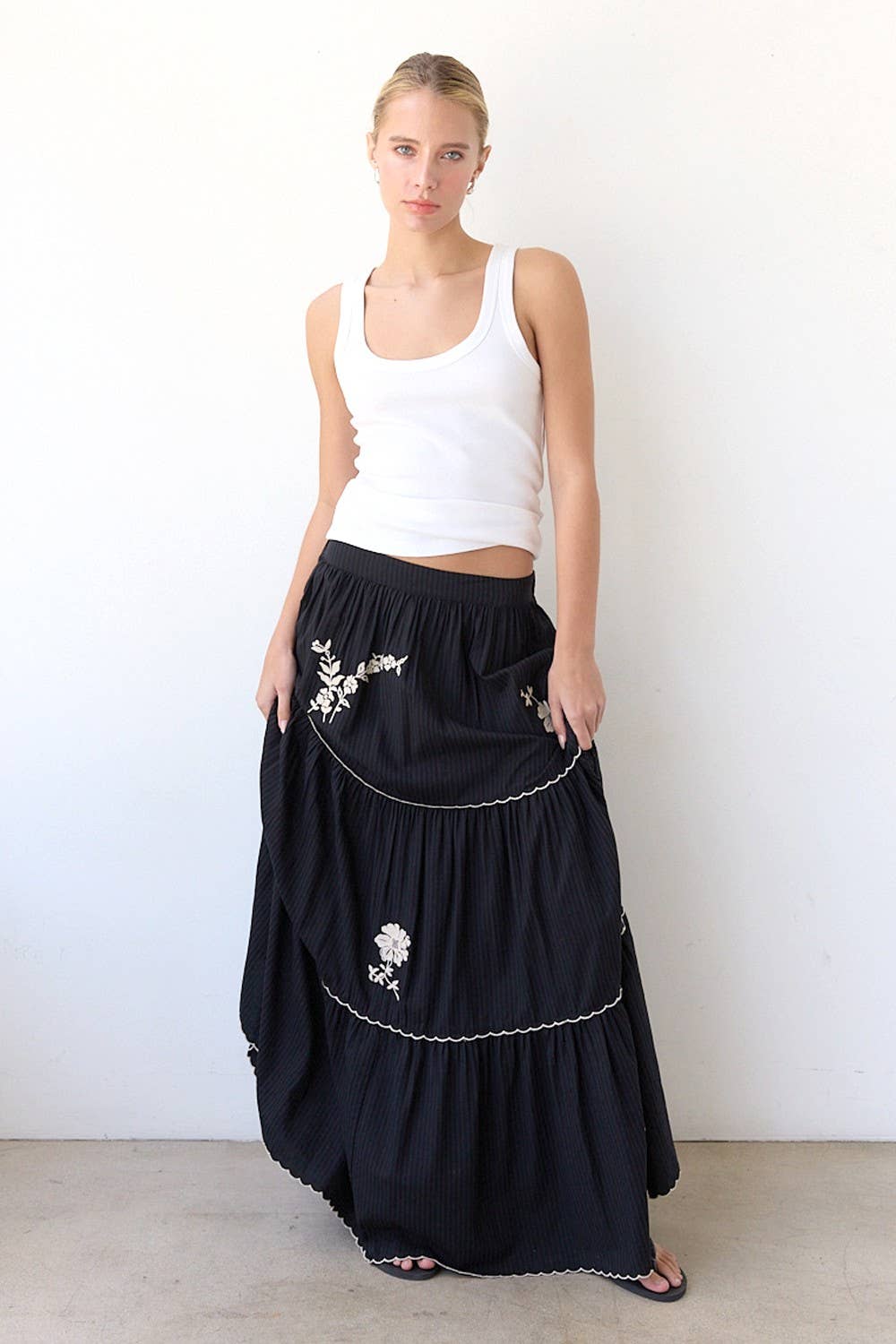 Black Embroidery Tiered Maxi Skirt - RS1032 for wholesale on Faire0