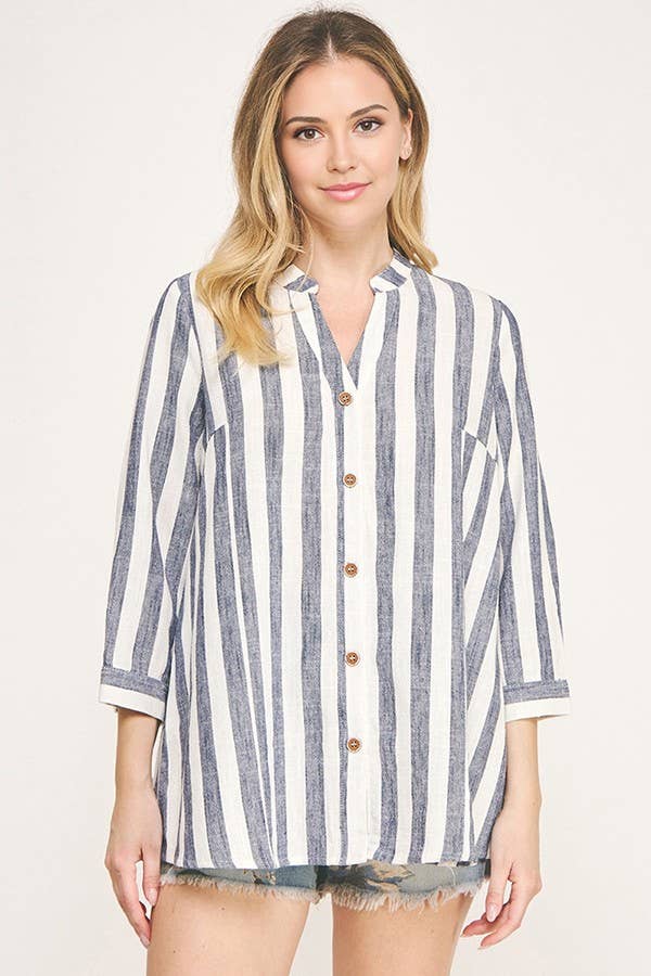 OFF WHITE NAVY T8076L16/THREE QUARTER SLEEVE YARN DYE LINEN SHIRTS  for wholesale on Faire8