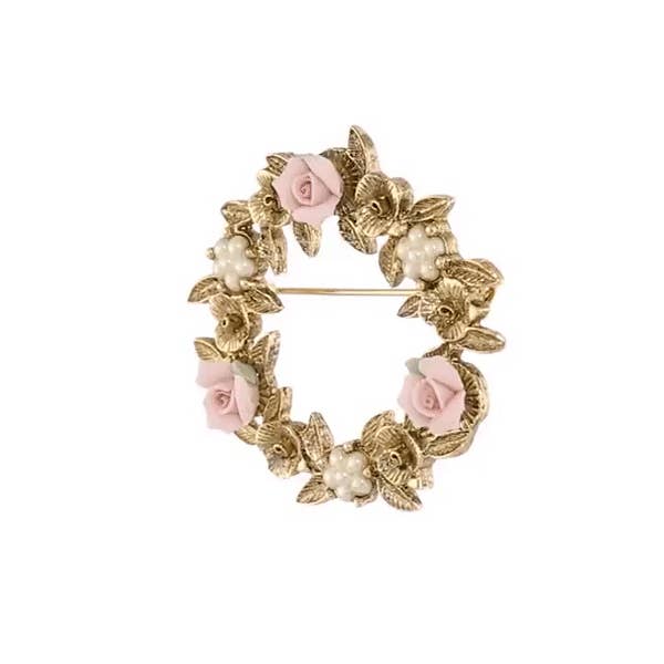1928 Bridal Pink Porcelain Rose Wreath Brooch for wholesale by 1928 Jewelry