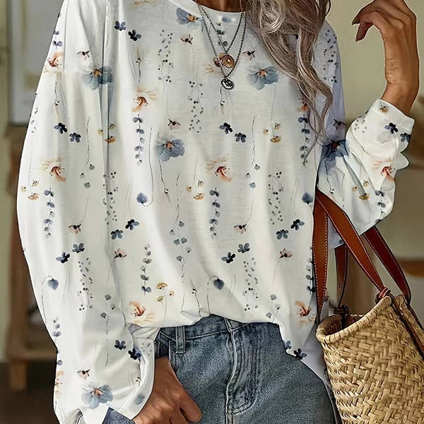 Long Sleeves Loose Flower Print Round-Neck T-Shirts Tops for wholesale by UZ Wholesale Store
