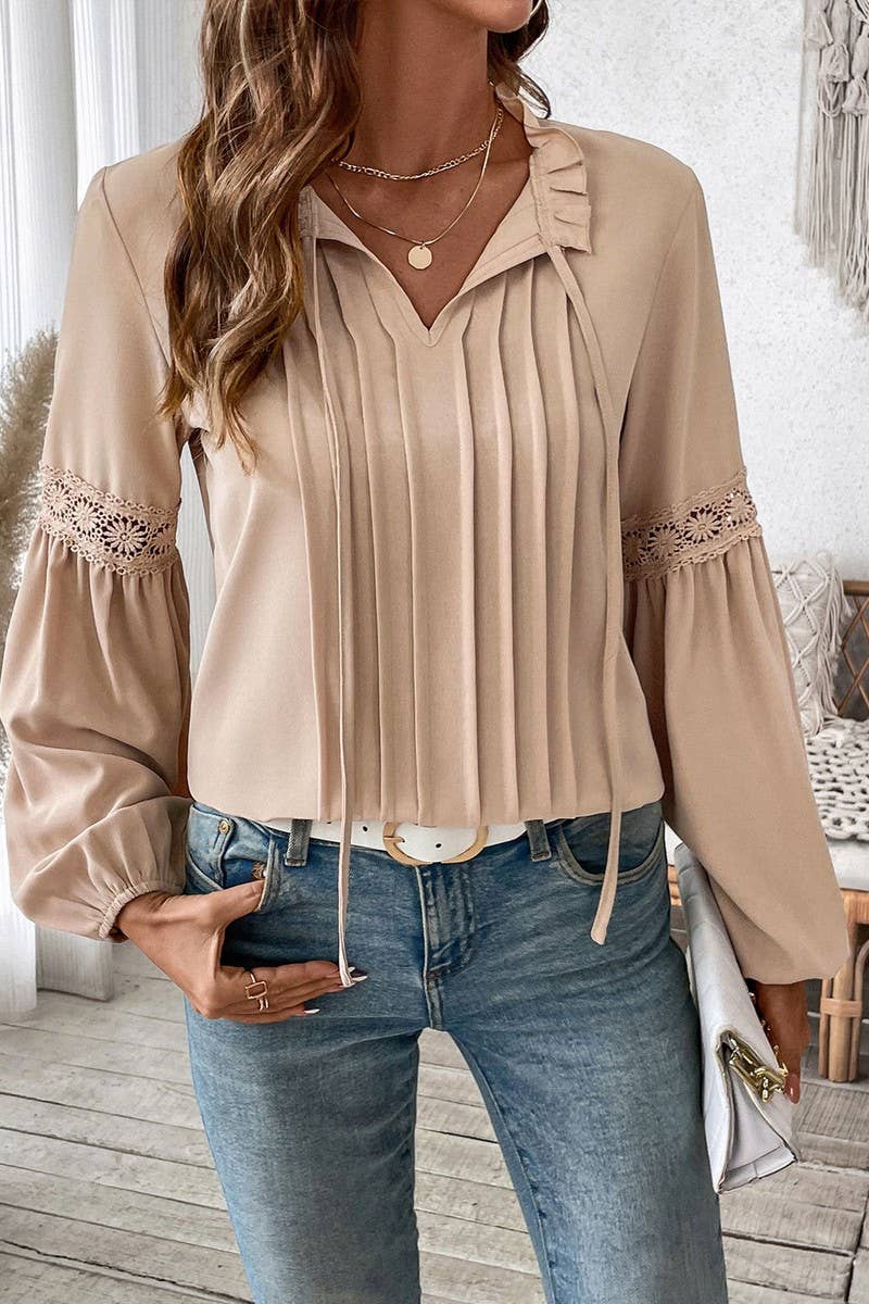 KHAKI CWTBLL3704_AUTUMN SOLID COLOR CASUAL V-NECK TEMPERAMENT SHIR for wholesale on Faire6