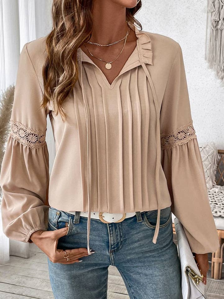 KHAKI CWTBLL3704_AUTUMN SOLID COLOR CASUAL V-NECK TEMPERAMENT SHIR for wholesale on Faire6