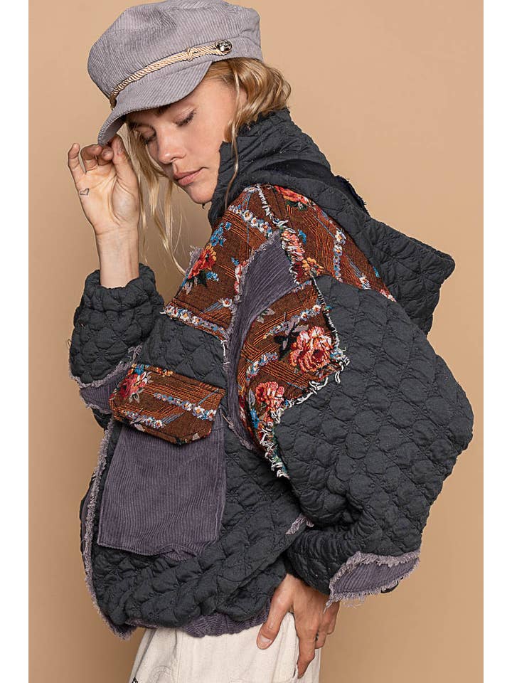 Pol Clothing - Wholesale Jacket - Women's - Oversize floral print contrast qulited jacket
