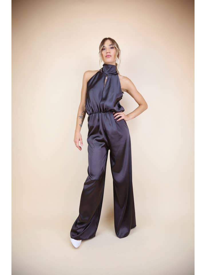 A3132 AMERICAN PALACE JUMPSUIT WITH COFFEE SOLID COLOR BOW for wholesale on Faire