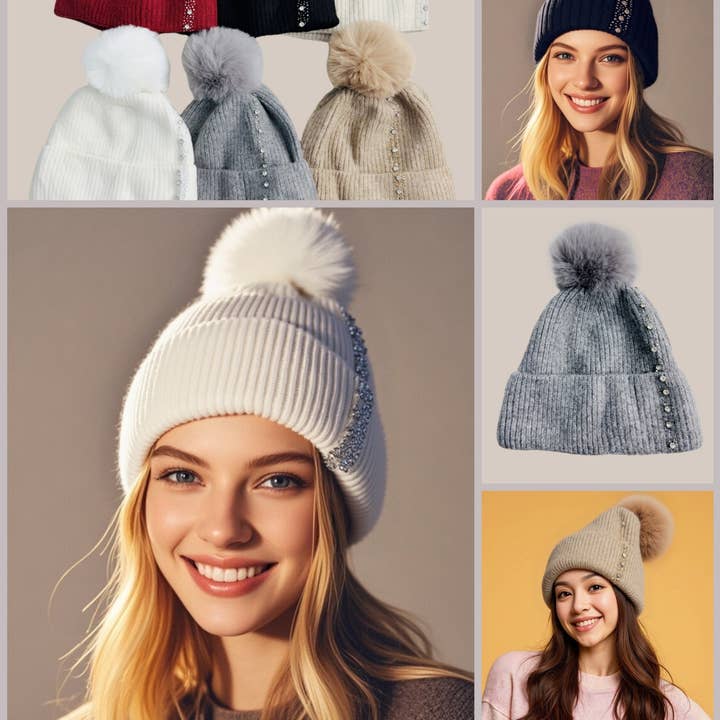 JC Sunny Fashion - Wholesale Beanie - Women's - Embellished Knit Beanie with Pom-Pom1