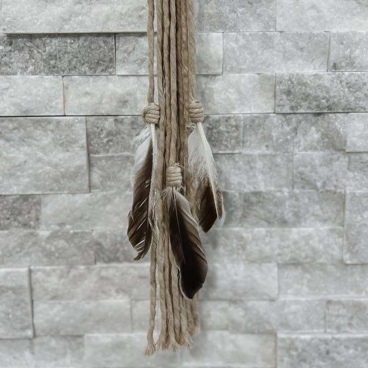 Off White Macramé Hat Hanger with Feathers for wholesale on Faire3