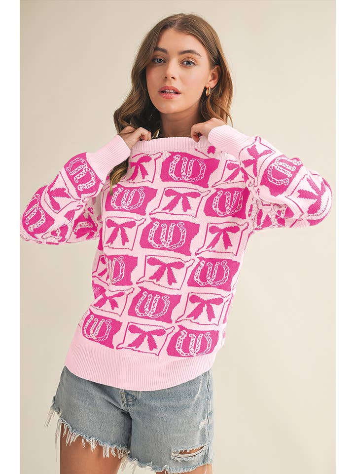 Aapparella - Wholesale Knit Sweater - Women's - Bows & Horseshoes Fashion Western Pattern Sweater | S-4X18