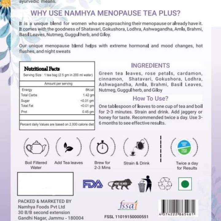 Namhya Ayurveda - Vendita all'ingrosso Tisane salutari e depurative - Namhya Buono per la Menopausa Tè per la Gestione del Peso, Sbalzi d'Umore e Buon Sonno | 100 Grammi1