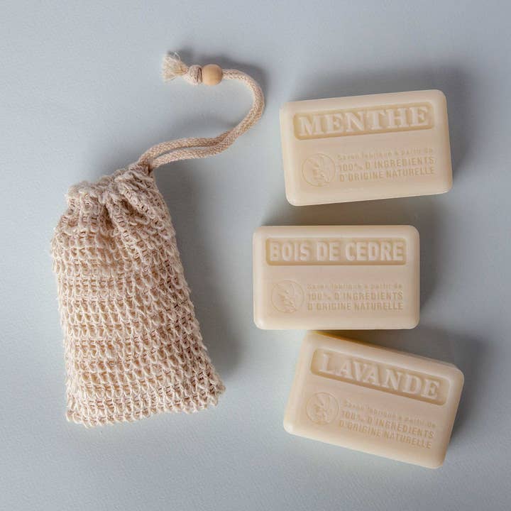 Organic French Soap and Exfoliating bag for wholesale by Cordial Organics