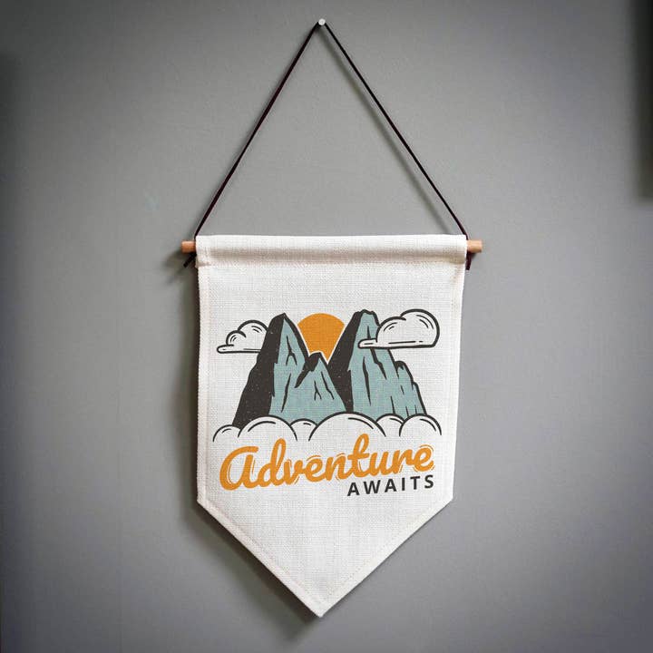 EllieBeanPrints - Wholesale Flag - Adventure Awaits Mountains Pennant Linen Flag