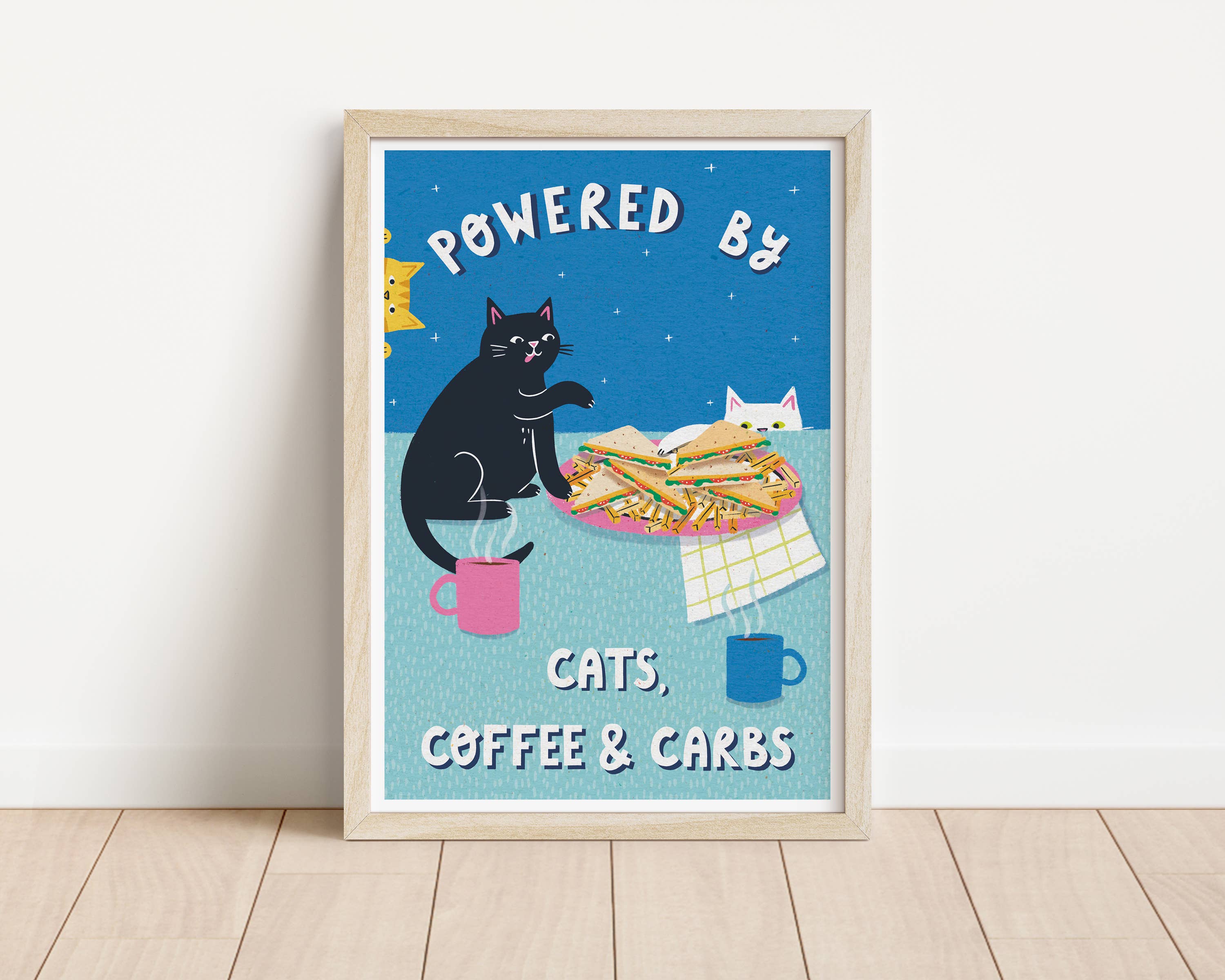 Nat Ellis Illustration – wholesale Art print – Powered By Coffee, Carbs & Cats  – A4 Heavyweight Art Print1