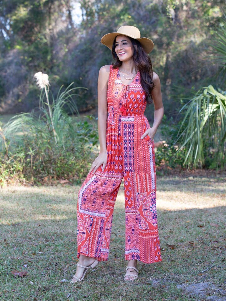 Red Wanderlust Blockprint Romper for wholesale by Sacred Threads