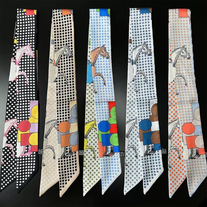 Multi-Colors Horse Graphic Check Dot Twilly Scarf for wholesale by Fashion City