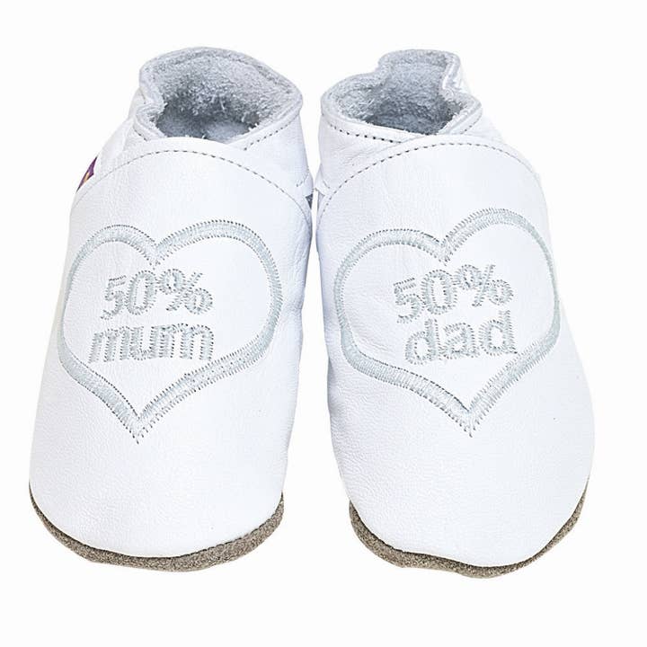 50 Percent Mum 50 Percent Dad White With Silver Baby Shoes for wholesale by Follow Curiosity