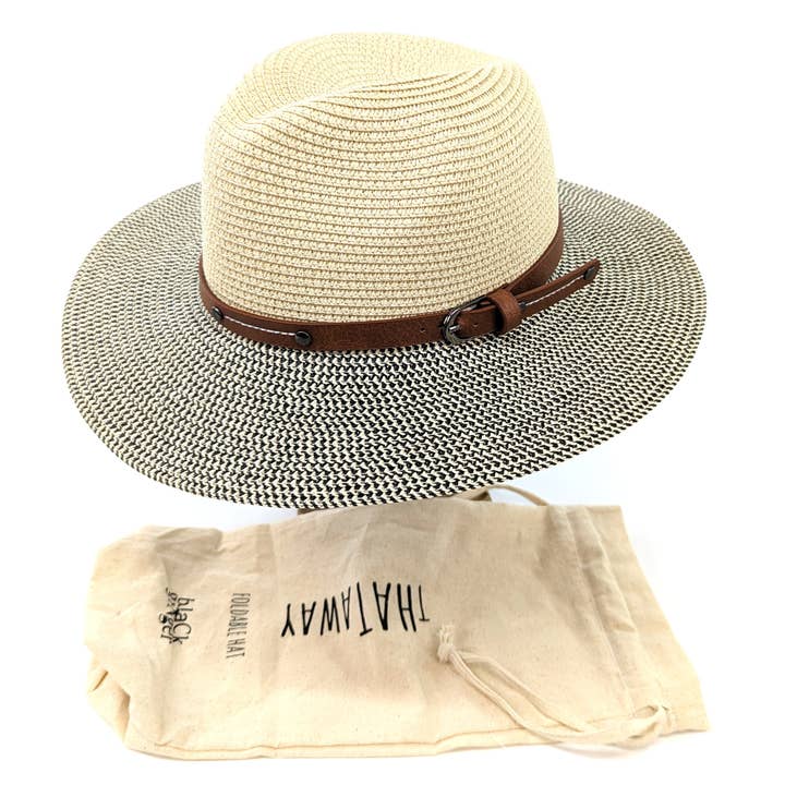 Black Ginger - Vendita all'ingrosso Cappello di paglia - Donna - Cappello da Viaggio Pieghevole Panama - Screziato/Naturale con Cintura (57 cm)