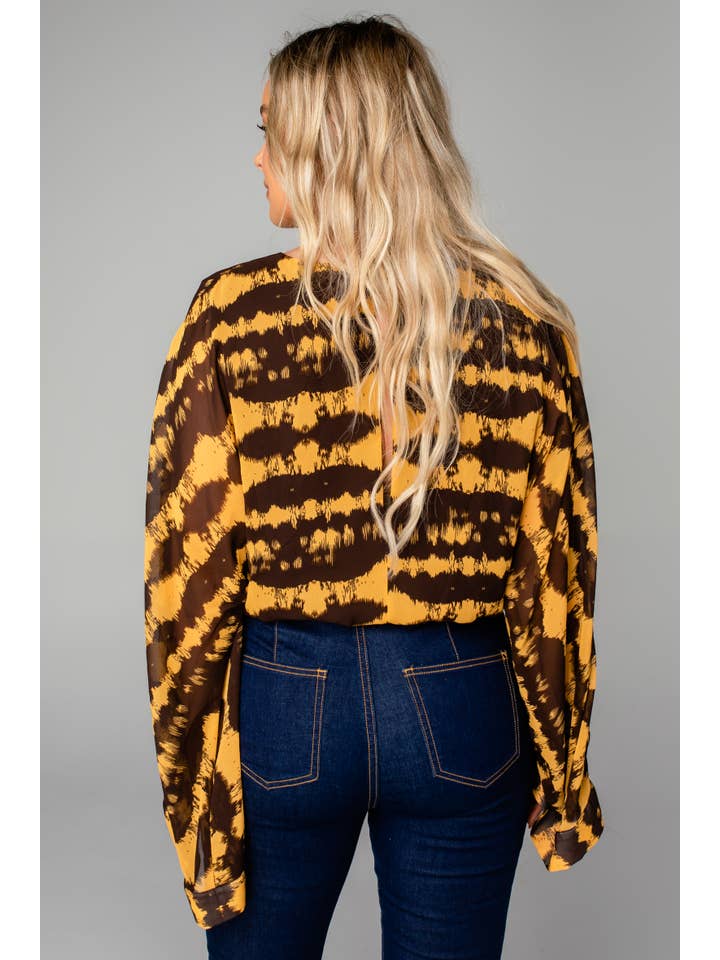 BuddyLove - Wholesale Bodysuit - Women's - Ariana Radioactive Yellow/Brown Bell Sleeve Bodysuit1