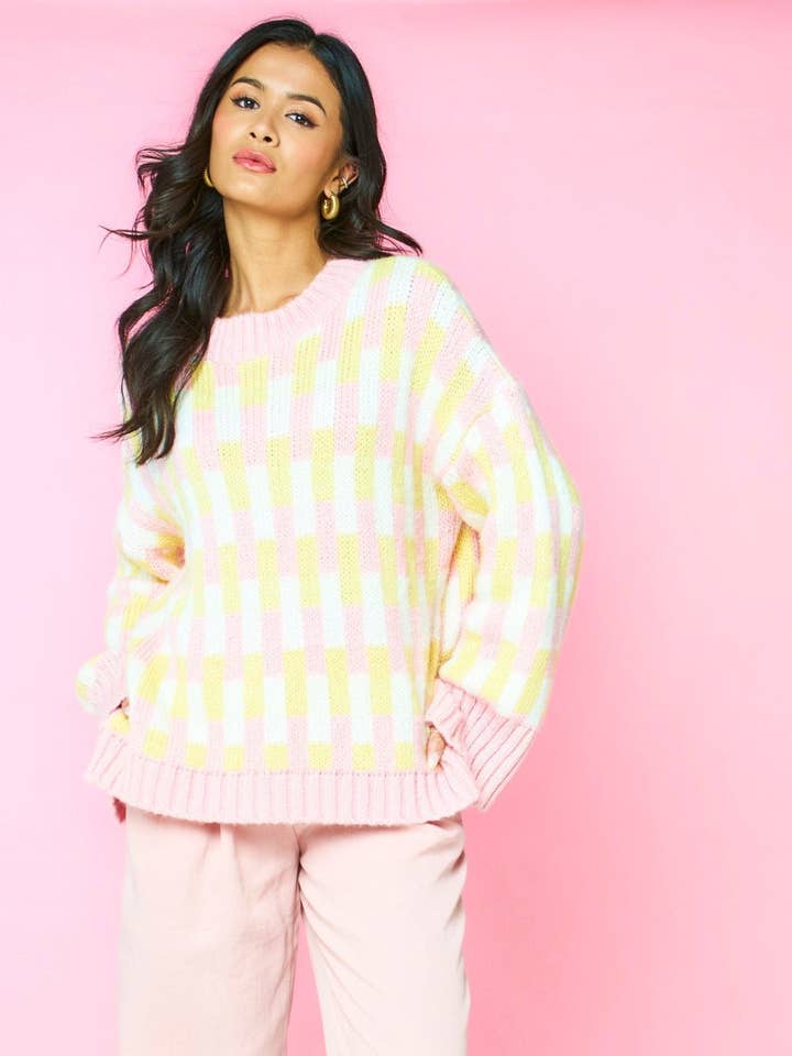 Charlotte Geometric Pattern Wide Sleeve Knit Jumper - Pink for wholesale by Cara & The Sky