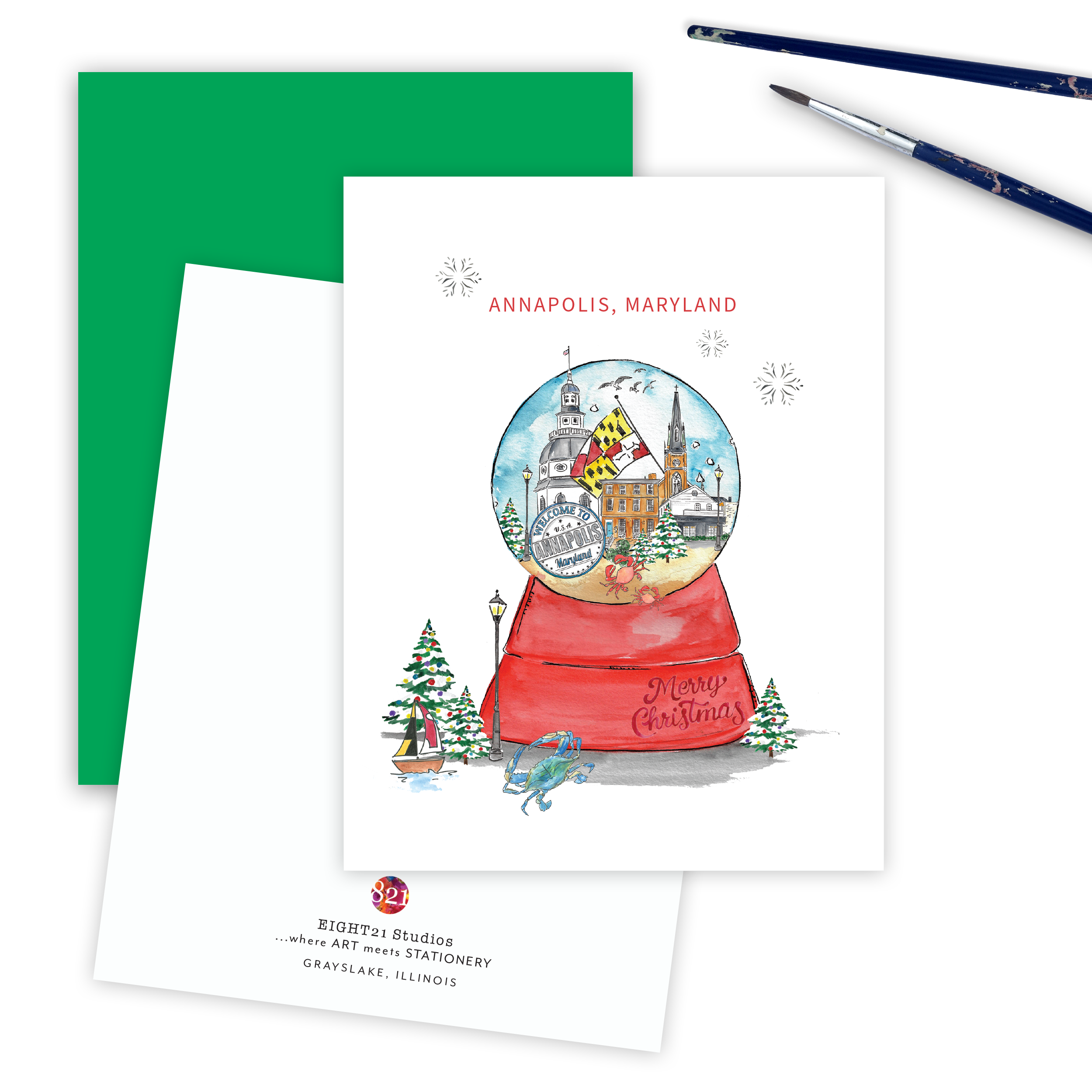 Eight21 Studios + Unique Greeting Cards, Art and Stationery - Wholesale Christmas Card - Annapolis Maryland Skyline Snowglobe Christmas Greeting Card0