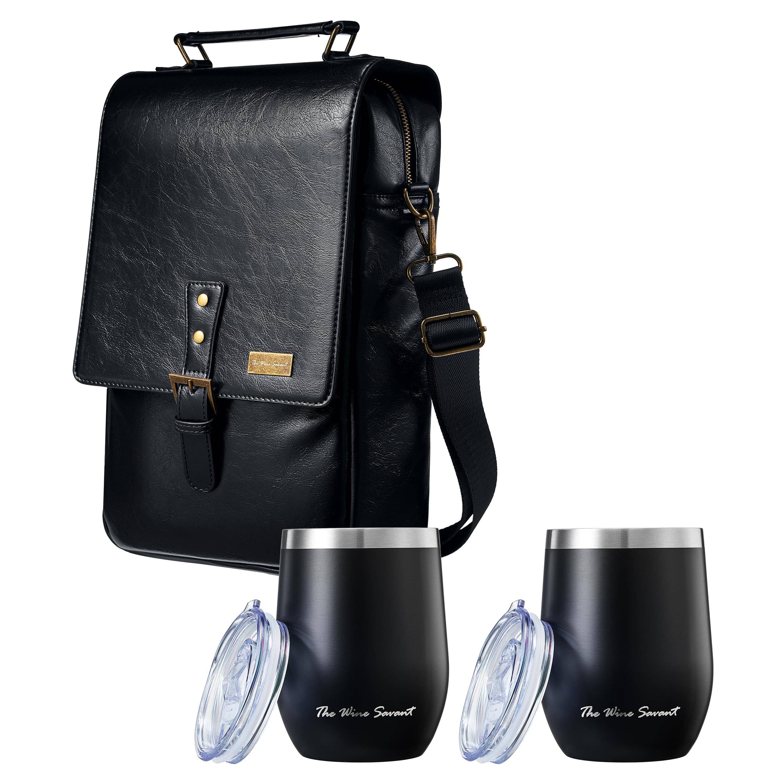 The Wine Savant /  Khen Glassware - Vente Sacs pour bouteilles de vin - Sac porte-bouteilles en cuir pour 3 bouteilles avec gobelets et ouvre-bouteille7