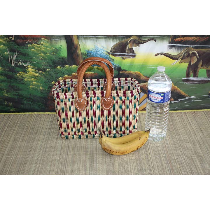 Boutique Huléti - Wholesale Grocery/Shopping Bag - Handmade woven rush shopping basket - Tote markets wicker rattan bag - Moroccan Berber - Green & Purple - 3 Sizes