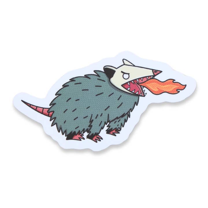 Crude Opossum Breathing Fire Sticker for wholesale by Sleazy Greetings