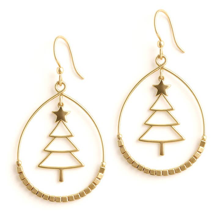 Gold Christmas Tree Cutout with Gold Beaded Accent Open Circle 2" Earring for wholesale by What's Hot