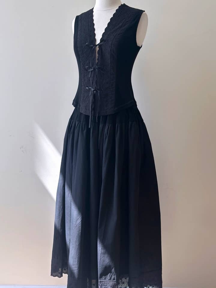 MTS2523-Eyelet Waffle Top & Ruffle Long Skirt Set for wholesale by Creamon