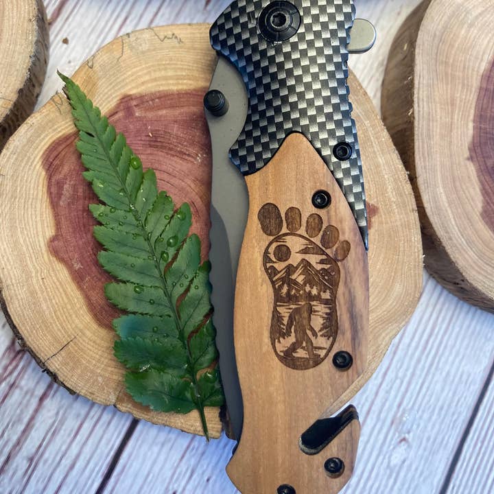 Bigfoot Footprint with Mountains Knife for wholesale by Quail Tail Laser Art