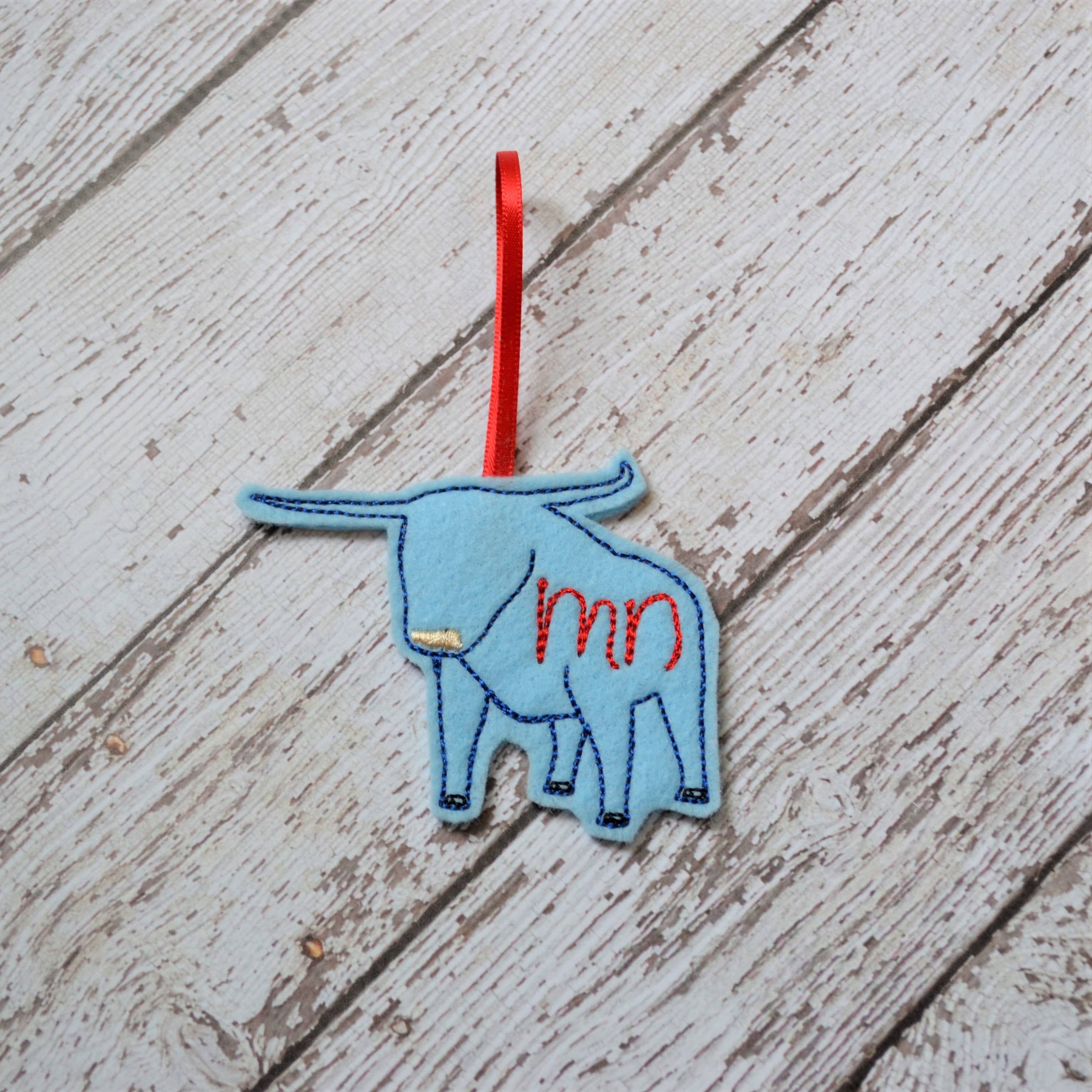 SewMuchMoreStore - Wholesale Ornament - Winter Holiday Babe the Blue Ox Embroidered Felt Ornament0