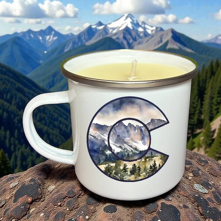 Colorado Flag Mountains Souvenir Enamel Mug Soy Candle for wholesale by Clever Cow Candle Co