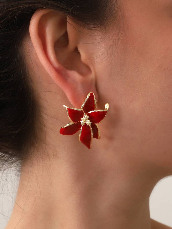 Gold Plated Red Flower Earrings for wholesale by BUBU BY TEKIN SHOP