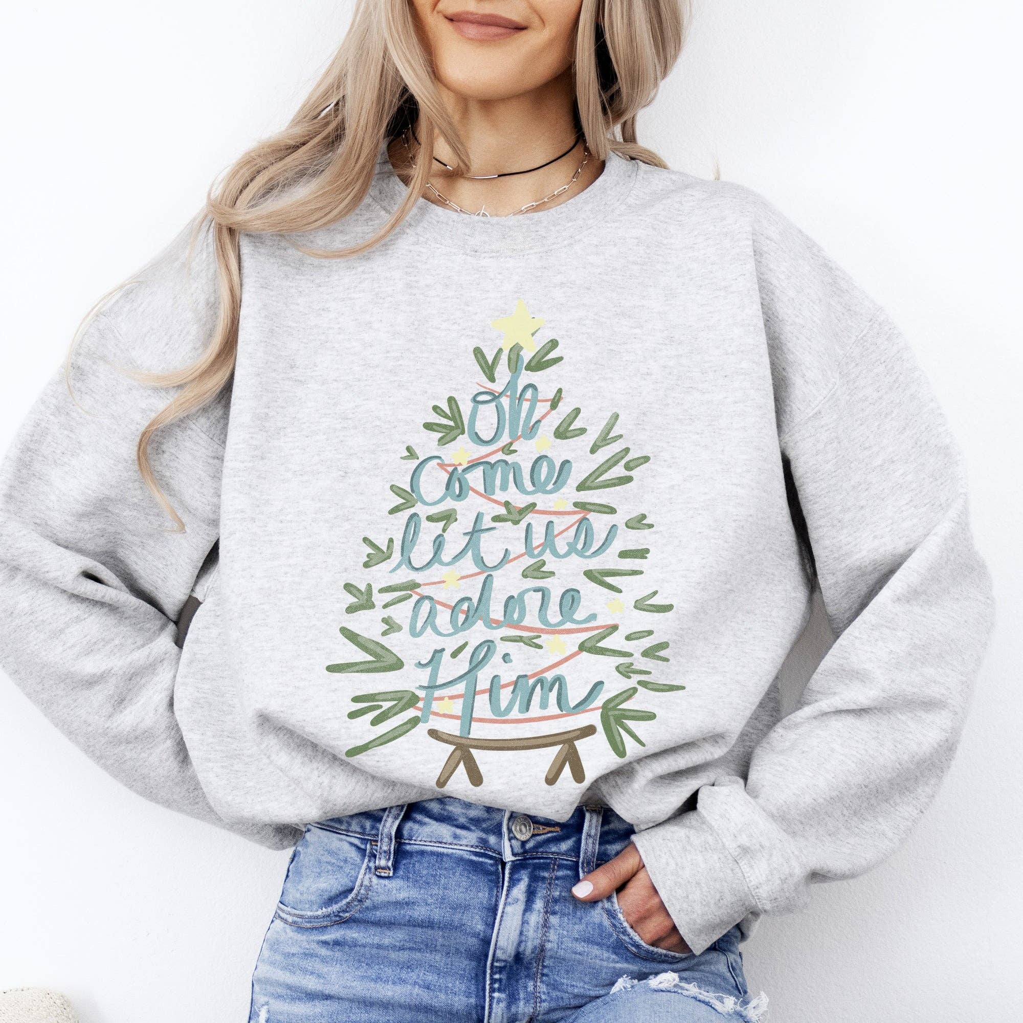 Refinery Number One LLC – Großhandel Sweatshirt mit Grafikdruck – Unisex – Oh komm lass uns ihn verehren, christliches Weihnachts-Sweatshirt0