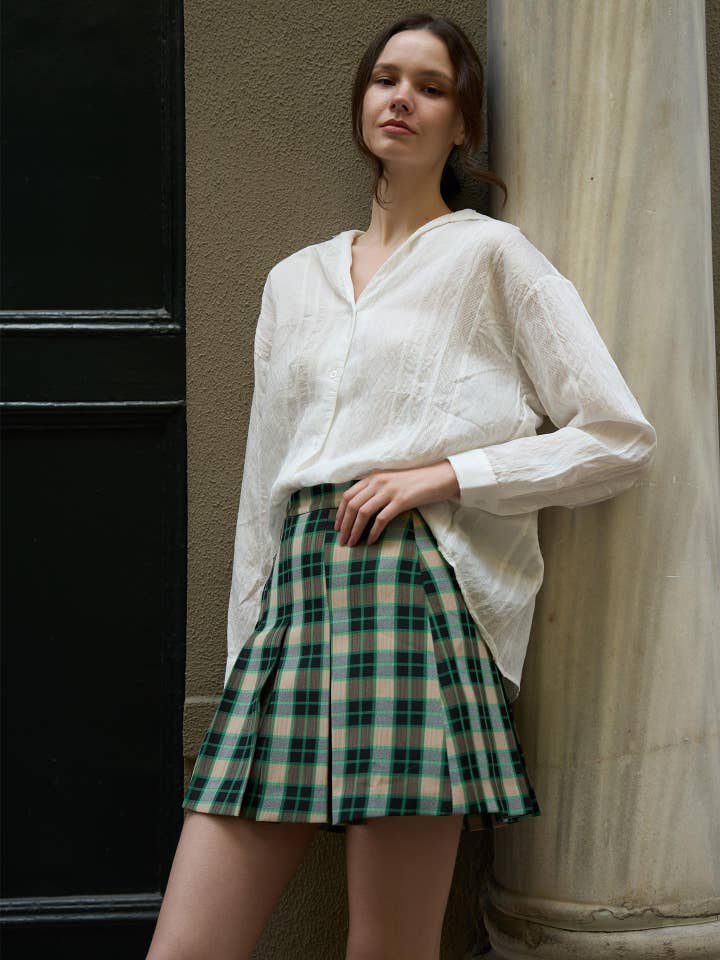 Plaid Pattern Pleated Mini Skirt Green for wholesale by JUSTE