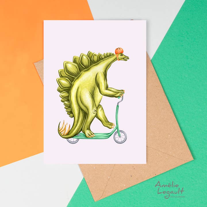 Sardines Studio - Wholesale Everyday Greeting Card - Stegosaurus riding a scooter Greeting Card