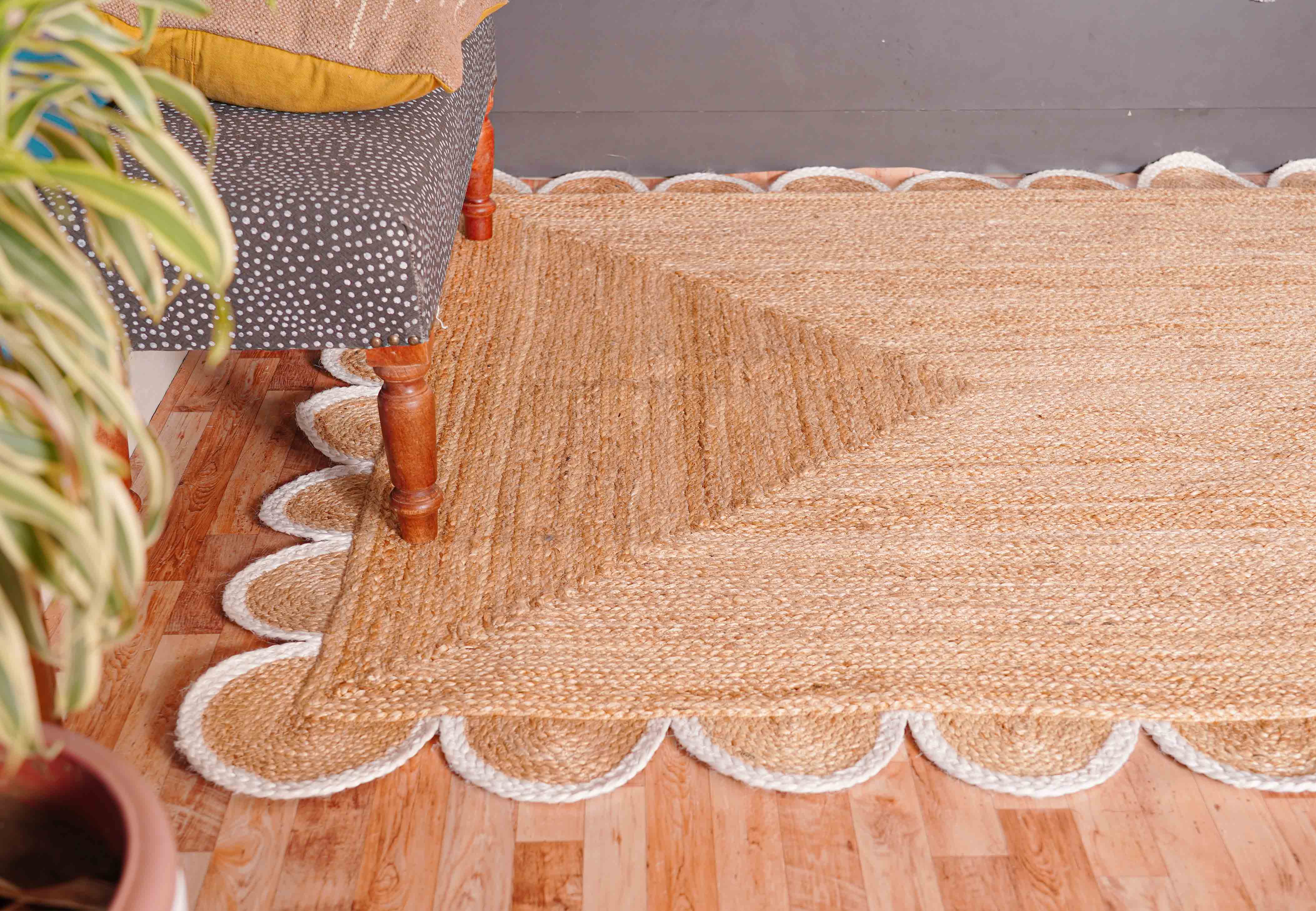 Chouhan Rugs - Wholesale Area Rug - White Scalloped Border Beige Color Jute Rug Living Room Rug 6