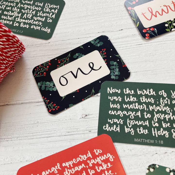 Hope and Ginger – wholesale Christmas card – Christmas Story in a tin - 24 hand lettered Scripture Cards1