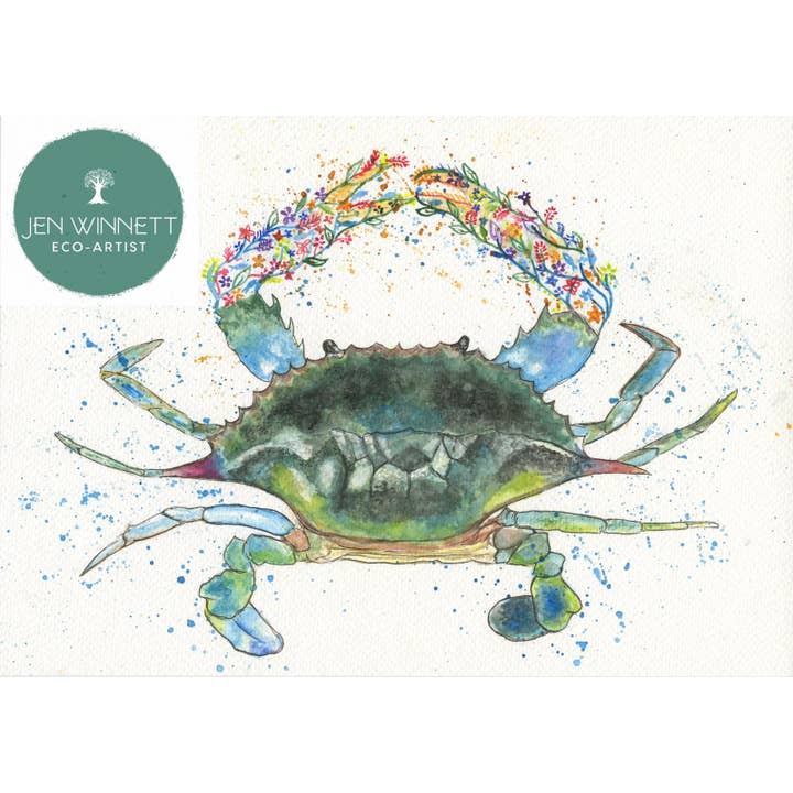 Claude the Crab Signed watercolour art print for wholesale by Jen Winnett Eco Artist