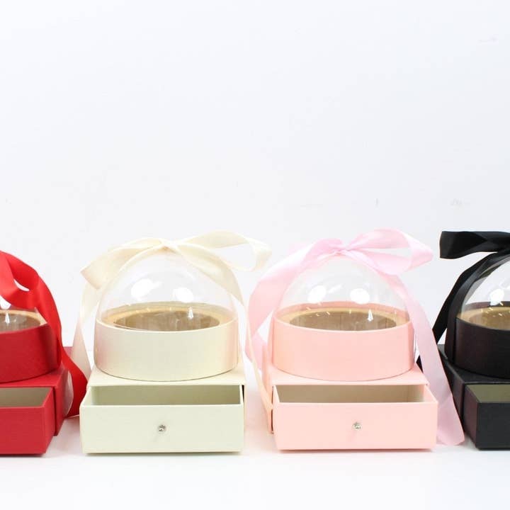 Elegant Design Supply - Vendita all'ingrosso Confezioni regalo - Scatola regalo rotonda 'Round Globe' con coperchio trasparente, fiore e cassetto, con nastro