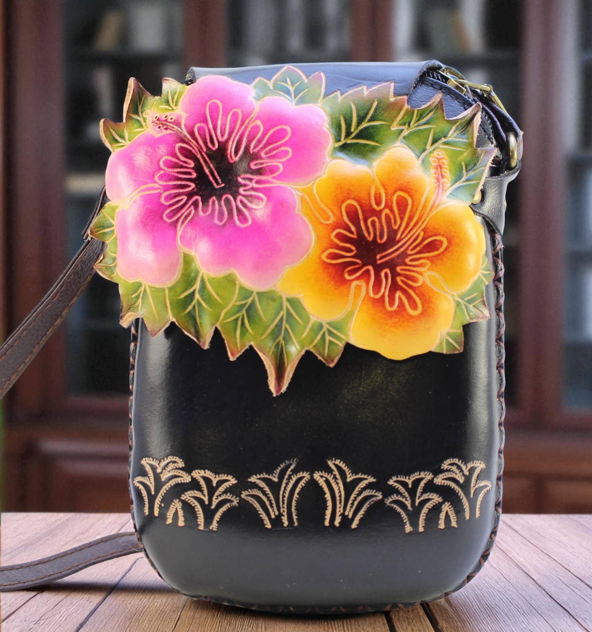 Sunflower Handmade leather inc - Vendita all'ingrosso Tracolla - Donna - Borsa a tracolla in pelle a forma di fiore borsa per telefono4