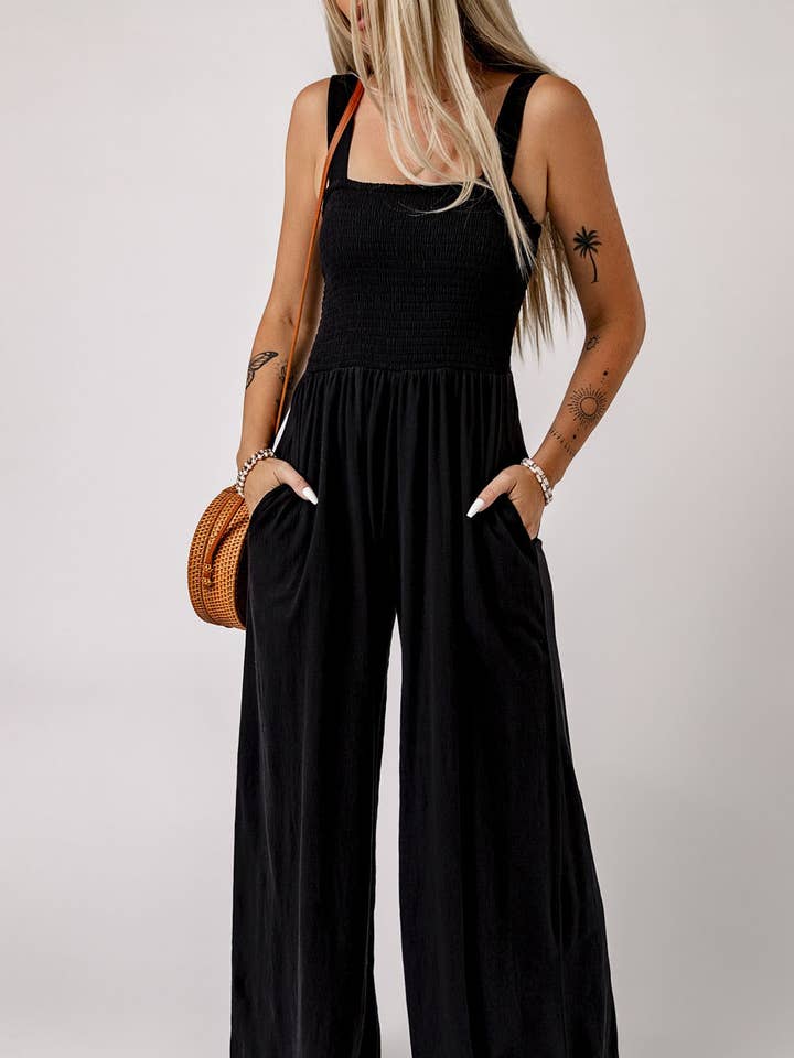 LDC Smocked Tank Wide Leg Jumpsuit with Pockets for wholesale by Little Daisy Closet