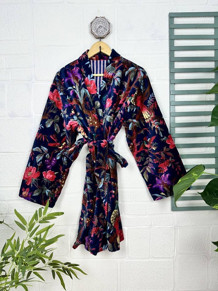 Luxury Velvet Robe Unisex Kimono Jacket Reversible Silk Line for wholesale by The Eastern Loom