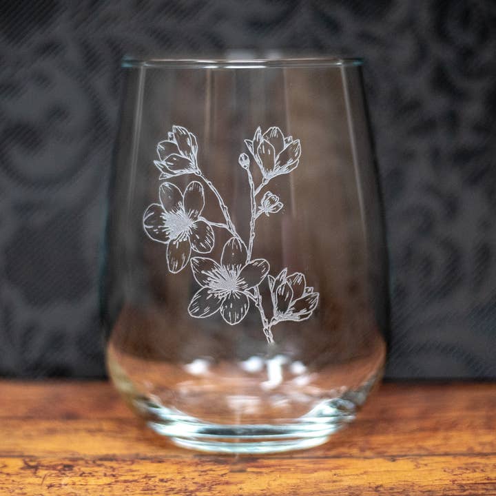 Cherry Blossom Tree Plant Etched Drinkware Barware for wholesale by Gifts of Glass & Wear