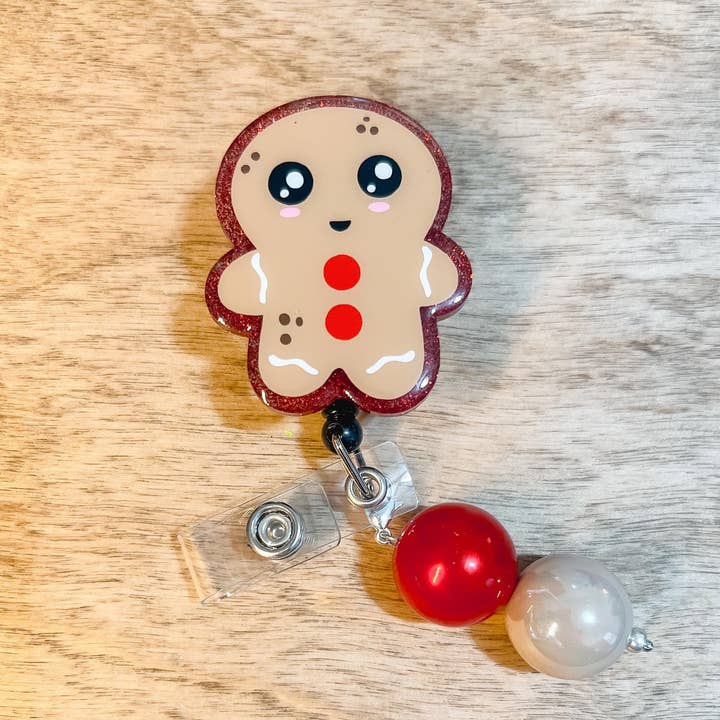 Hollow Grove Designs - Wholesale Badge Accessory - Women's - Gingerbread Man Badge Reel| Christmas Badge Reel| ID Holder | Interchangeable Beaded Badge Reel