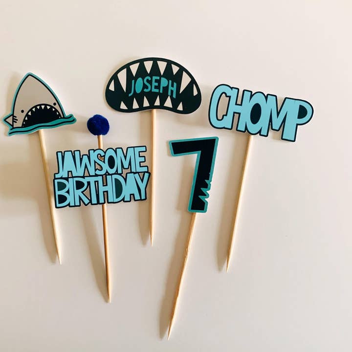 Shark Cupcake Toppers For Ocean Themed 10th Birthday Party for wholesale by Uncouth Coco