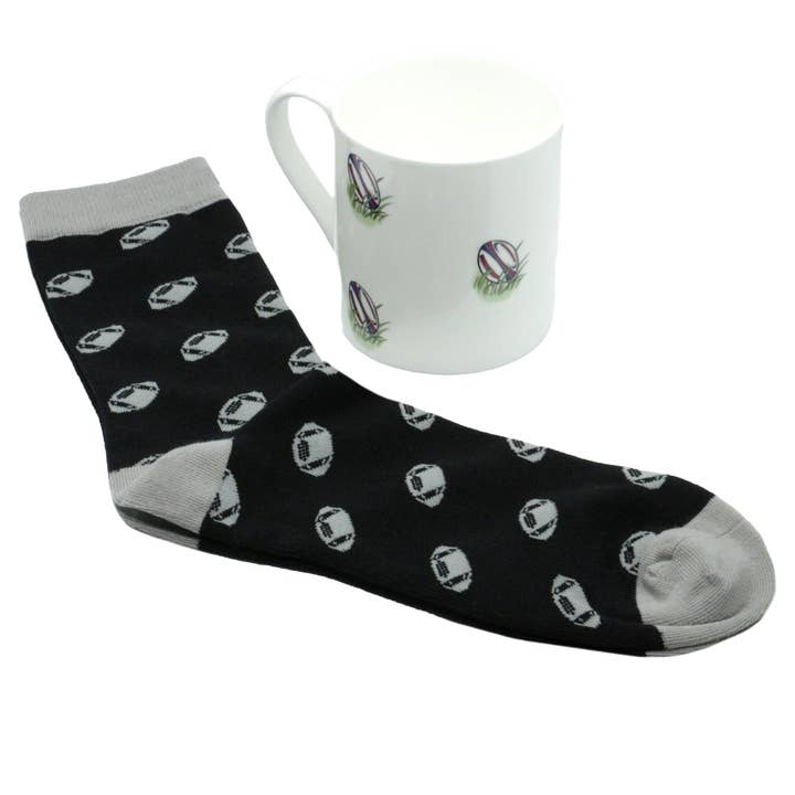 Rugby Ball Fine Bone China Mug & Sock Set for wholesale by Dalaco - incorporating David Aster