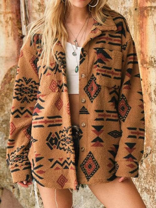 Camel Vintage Plush Lapel Long-Sleeved Jacket for wholesale on Faire