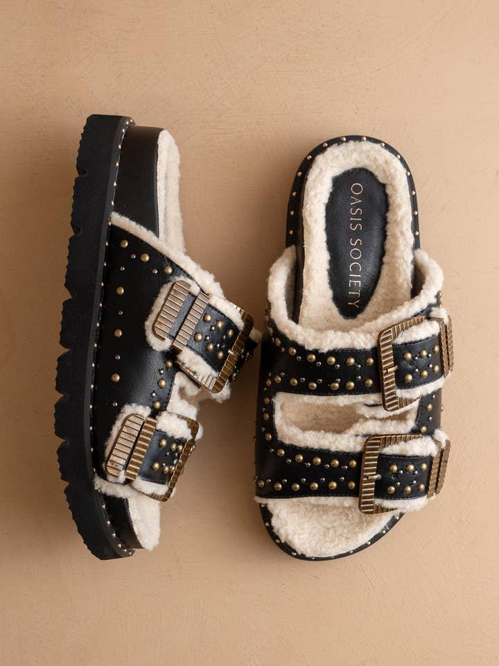 NOIR Le Gaylen | Mules à Boucle Cloutée Noire Doublées de Polaire en vente sur Faire